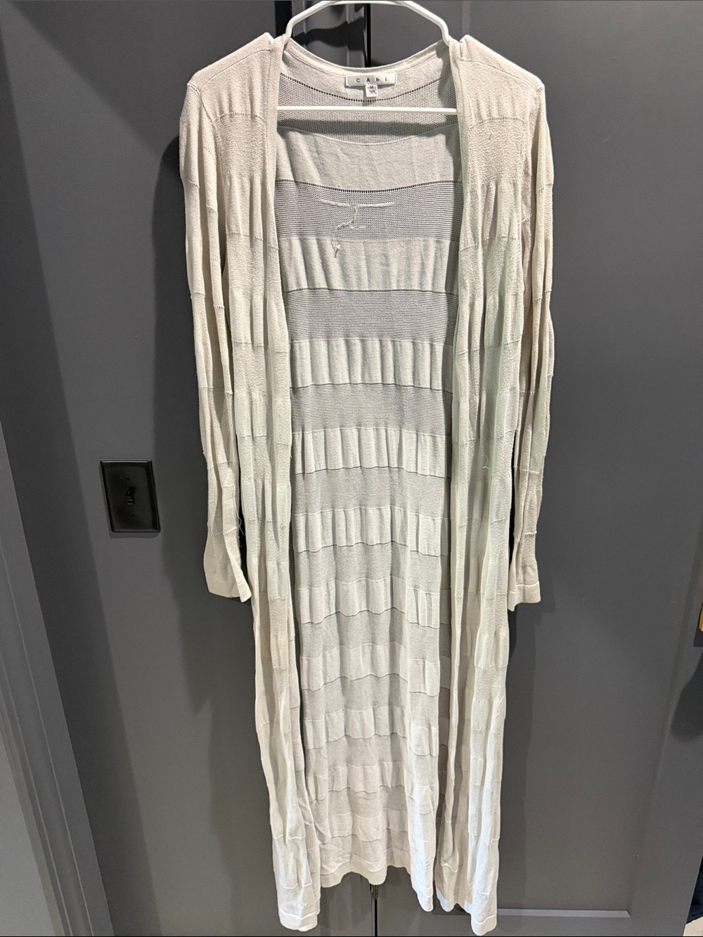 CAbi Long Open-Front Lightweight Duster Cardigan in Ivory